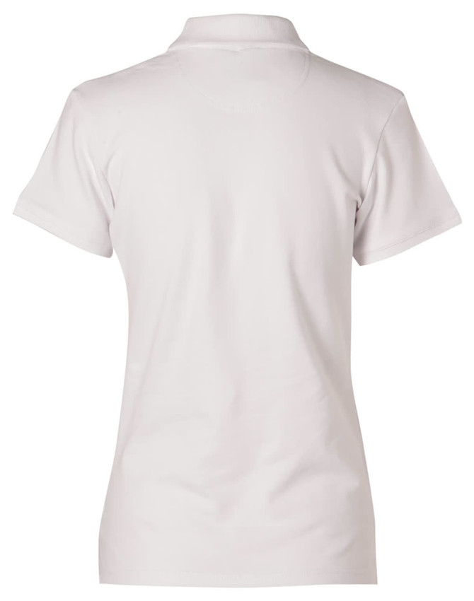 A women's white polo shirt featuring a collar and short sleeves. The shirt has a logo on the back.