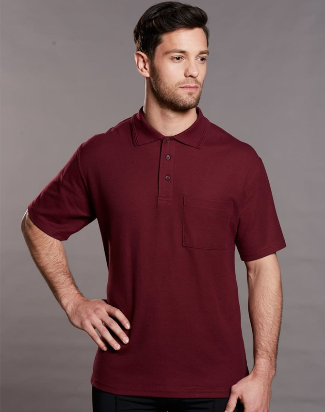 A maroon short sleeve polo shirt with a pocket and a logo on the chest.