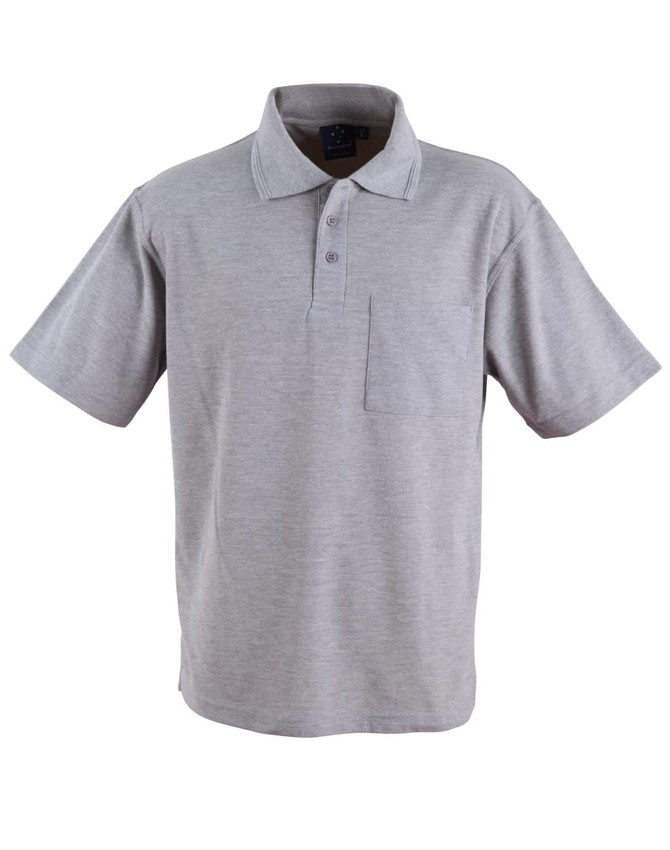 A grey short sleeve polo shirt with a pocket and a logo on the chest.