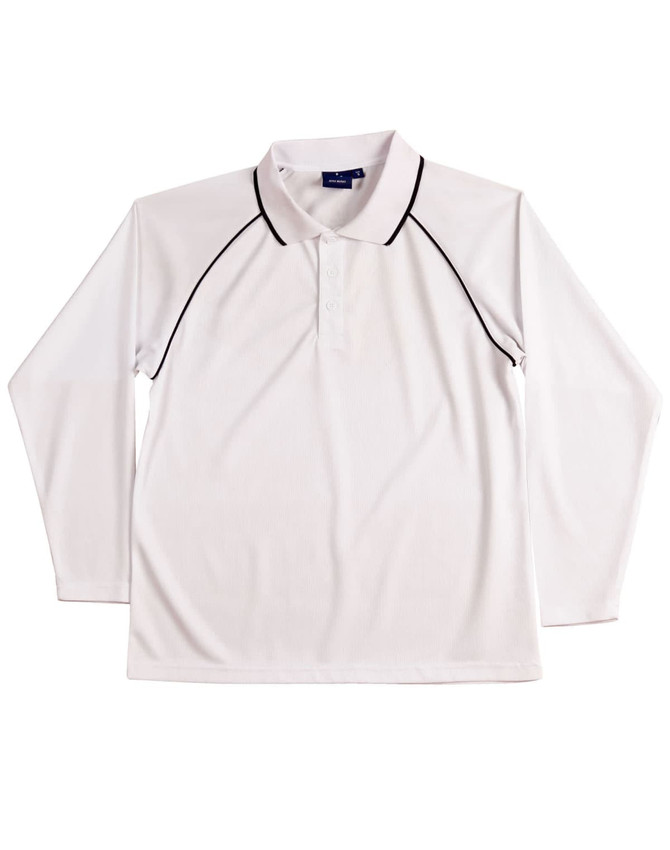 A white long-sleeve polo shirt with black piping and a collar. The shirt features a logo.