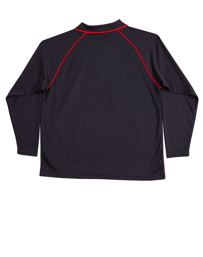 A black long-sleeve polo shirt featuring red piping and a logo on the back.
