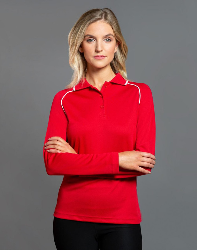 A red long-sleeve polo shirt with a white trim and a logo on the chest area.