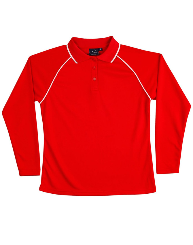 A red long-sleeve polo shirt with a white trim and a collar. It has a logo on the chest area.