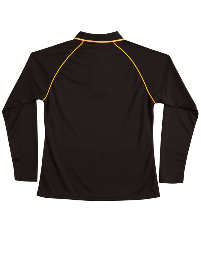 A black long-sleeve polo shirt with contrasting yellow stitching and a collar, featuring a logo on the front.