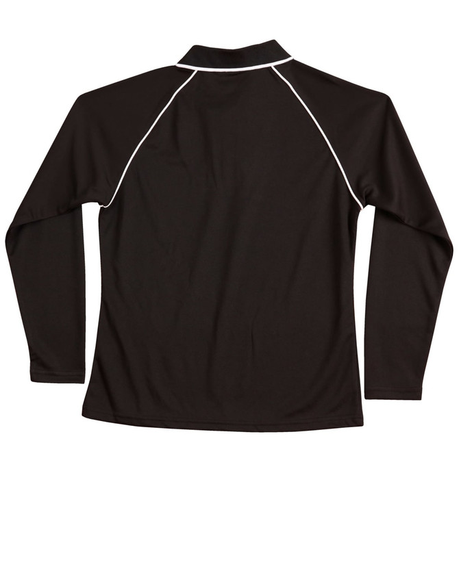 A black long-sleeve polo shirt featuring raglan sleeves and contrasting piping, with a logo present.