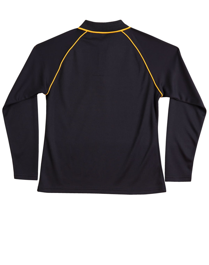 A black long-sleeve polo shirt featuring yellow raglan seams and a collar. It has a logo on it.
