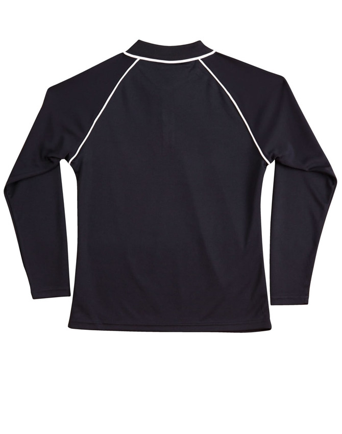 A black ladies' long-sleeve polo shirt with white piping and a collar, featuring a logo on the back.