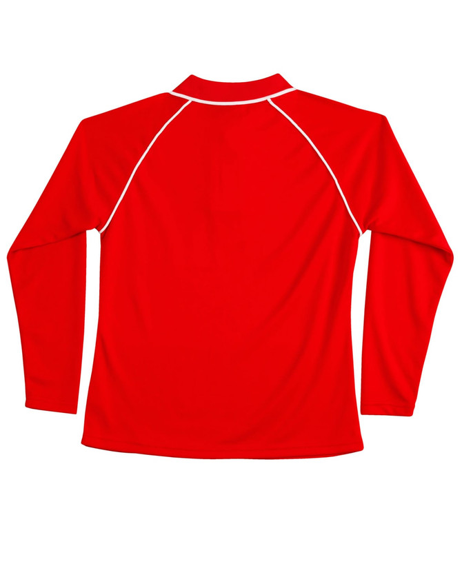 A red ladies' long-sleeve polo shirt featuring a raglan design and a branded logo.