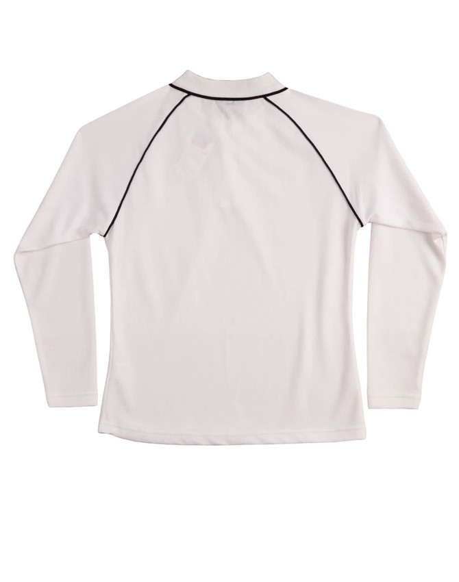 A long-sleeve white polo shirt with a black trim and a logo on the back.