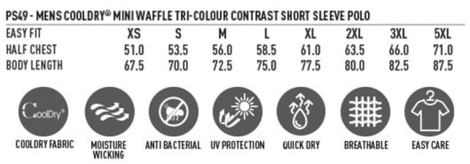 A range of men's polo shirt measurements displayed, featuring size options XS to 5XL and key fabric information.