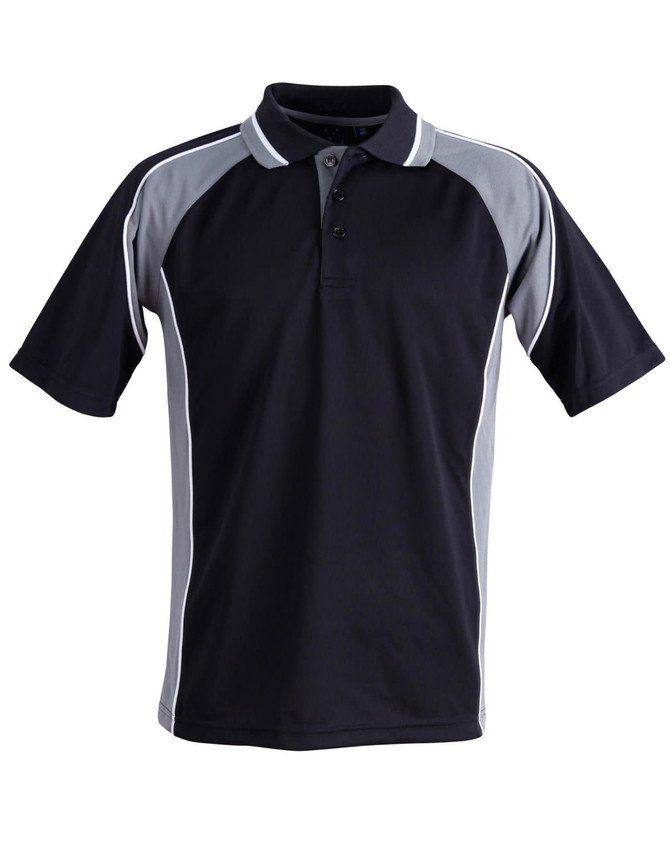 A black and grey men's polo shirt featuring a logo and contrasting side panels.