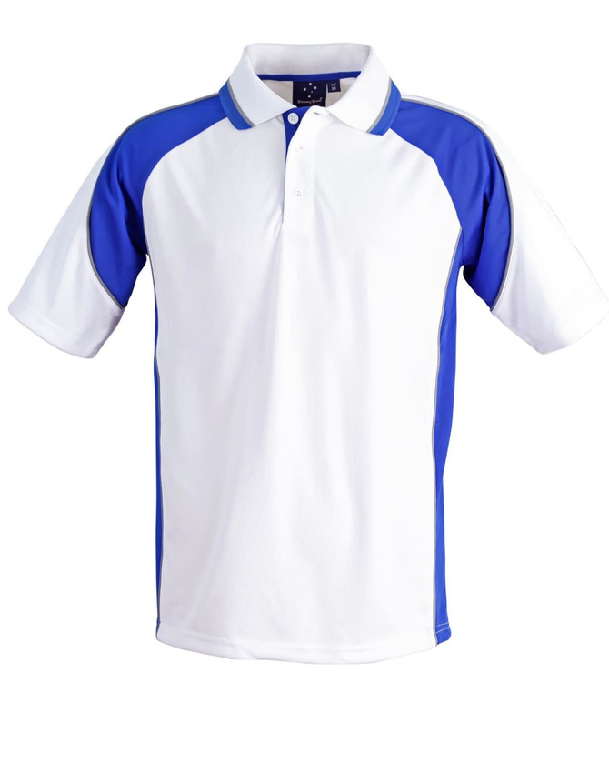 A men's polo shirt in white with blue accents and a logo. Suitable for casual or active wear.