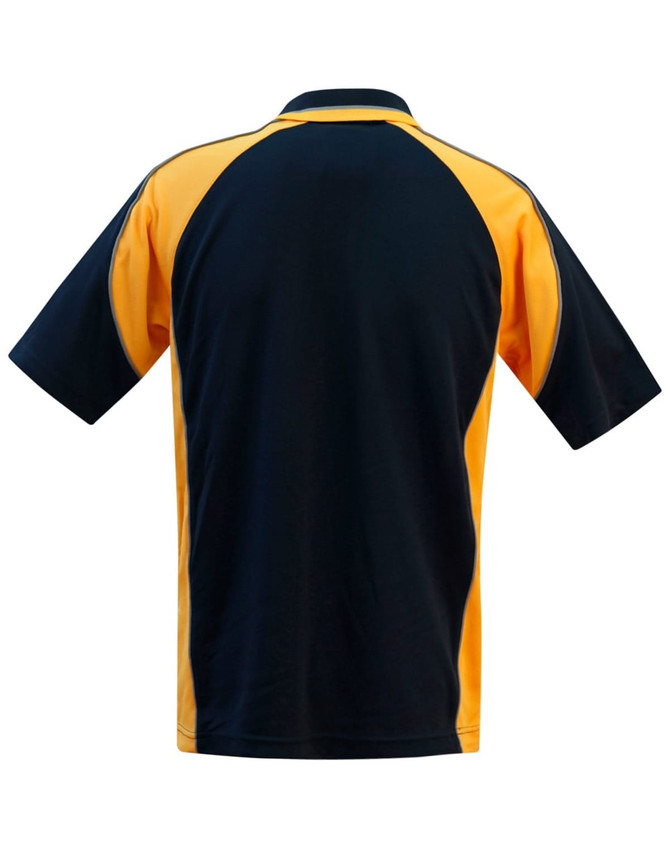 A polo shirt featuring a black and gold colour scheme and a logo on the back.