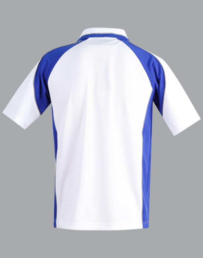 A short-sleeved men's polo shirt in white with blue sleeves and side accents. It features a logo on the upper left.