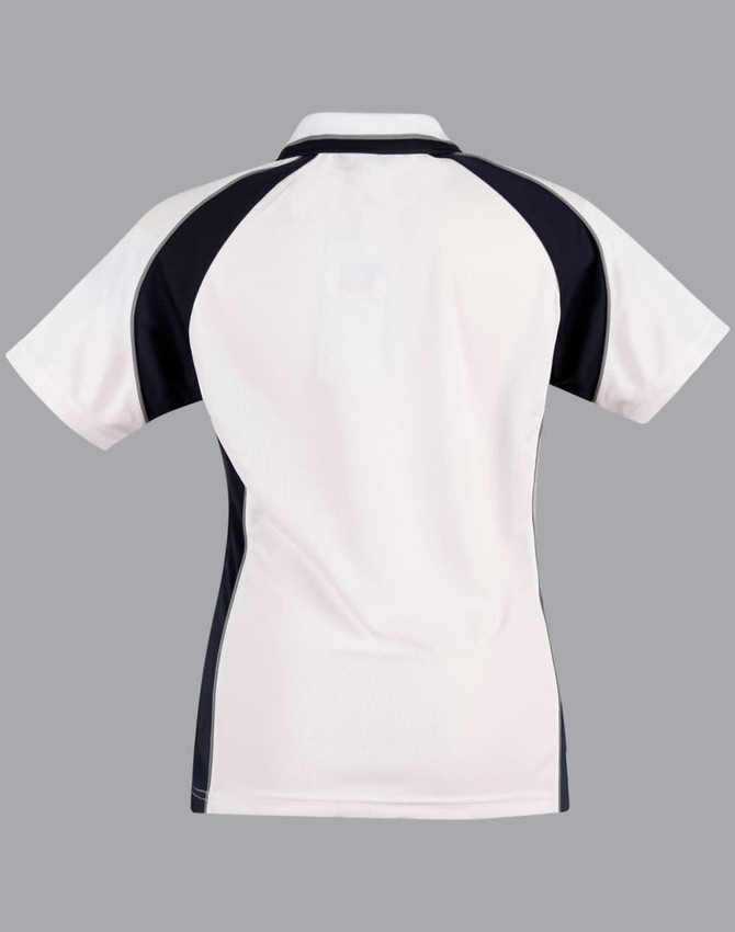 A white and navy polo shirt with a sporty design and a logo on the back.