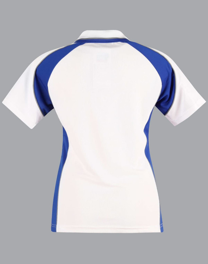 A polo shirt in blue and white with a logo, featuring a classic collar and short sleeves.