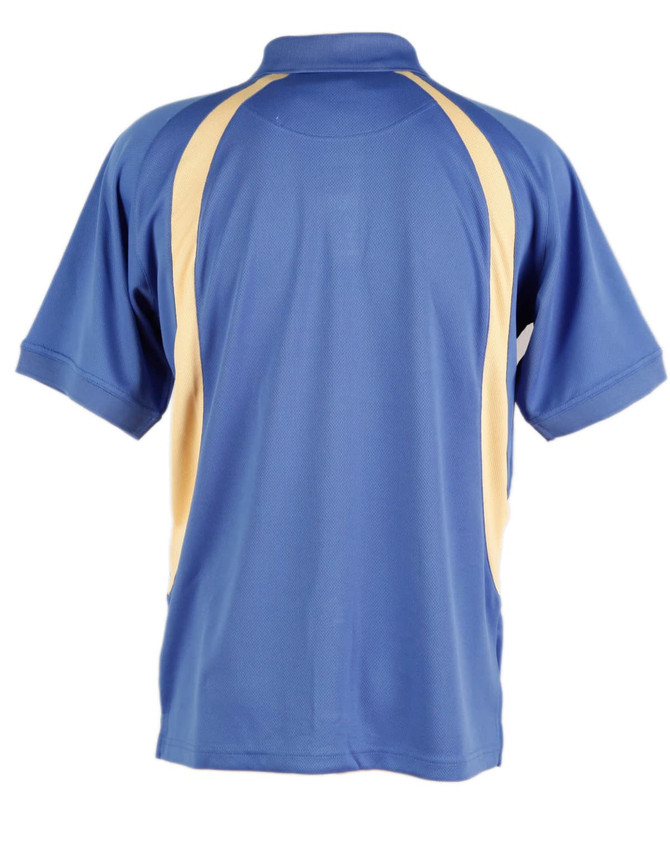 A blue polo shirt with yellow side panels and a collar, featuring branding on the back.