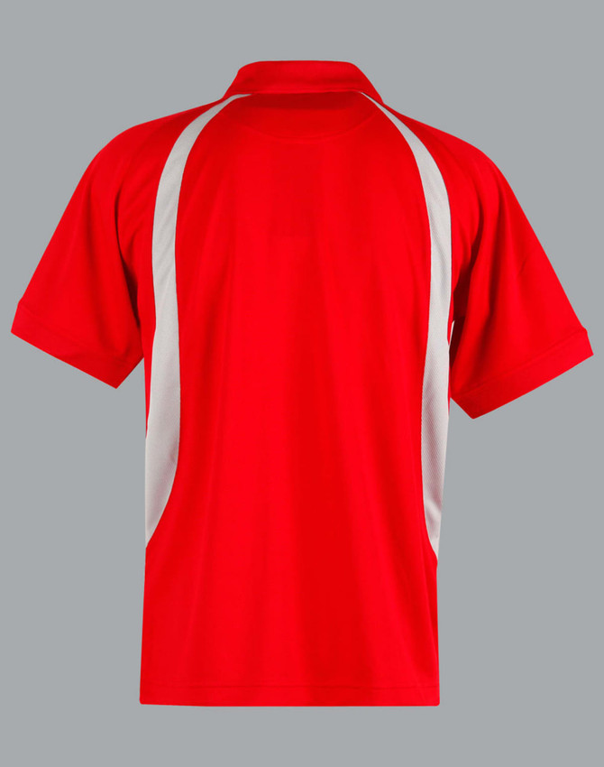 A red men's polo shirt with white side panels and a collar. It features a branding logo.