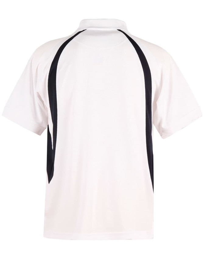 A white polo shirt featuring black side panels and a collar. The back has a logo prominently displayed.