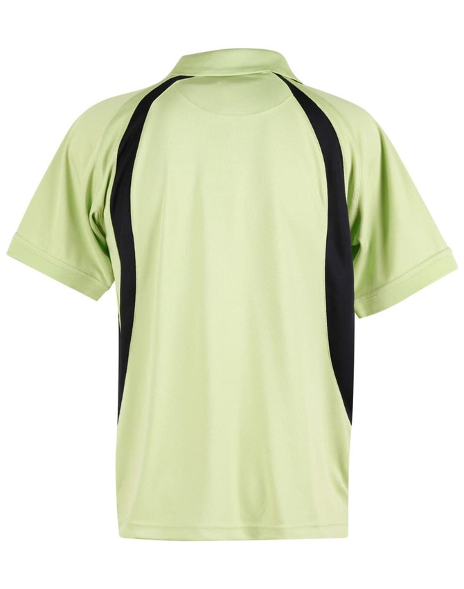 A light green men's polo shirt featuring black side panels and a collar, with a branding logo.