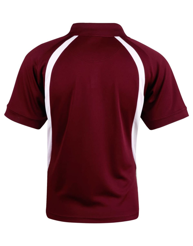 A maroon polo shirt with white side panels and a collar. It features a logo.