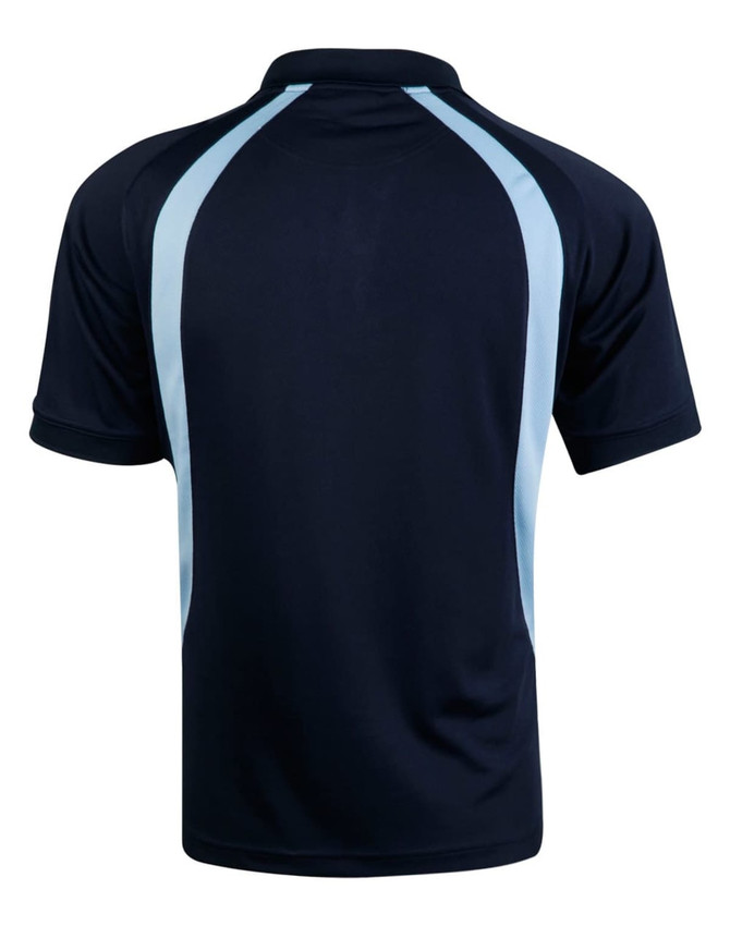 A navy blue polo shirt with light blue accents and a logo on the back. Features a classic collar and short sleeves.