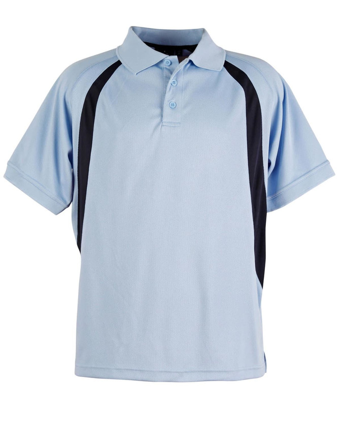 A light blue polo shirt featuring black side panels and a collar, with a logo on the chest.