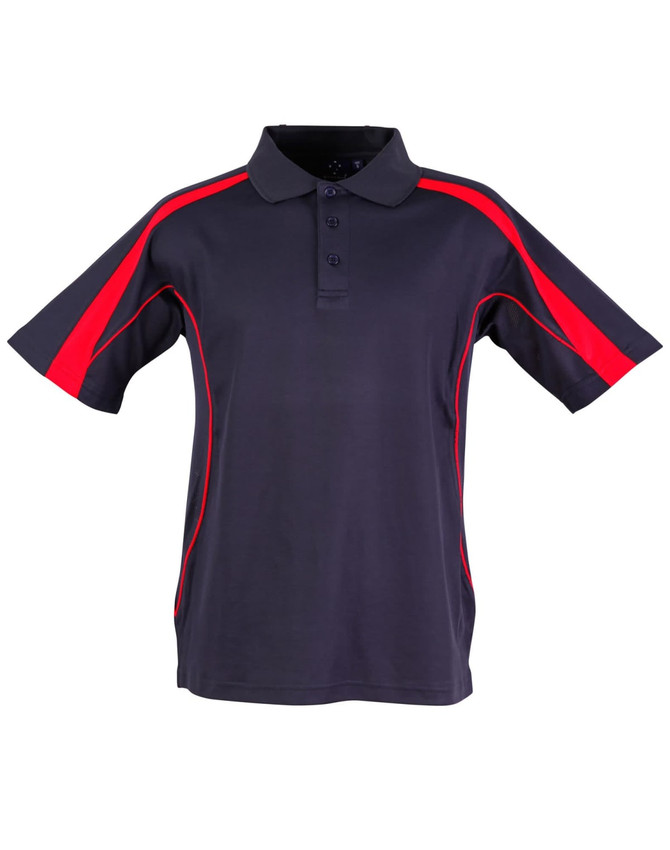 A navy and red men's polo shirt featuring short sleeves and a logo.