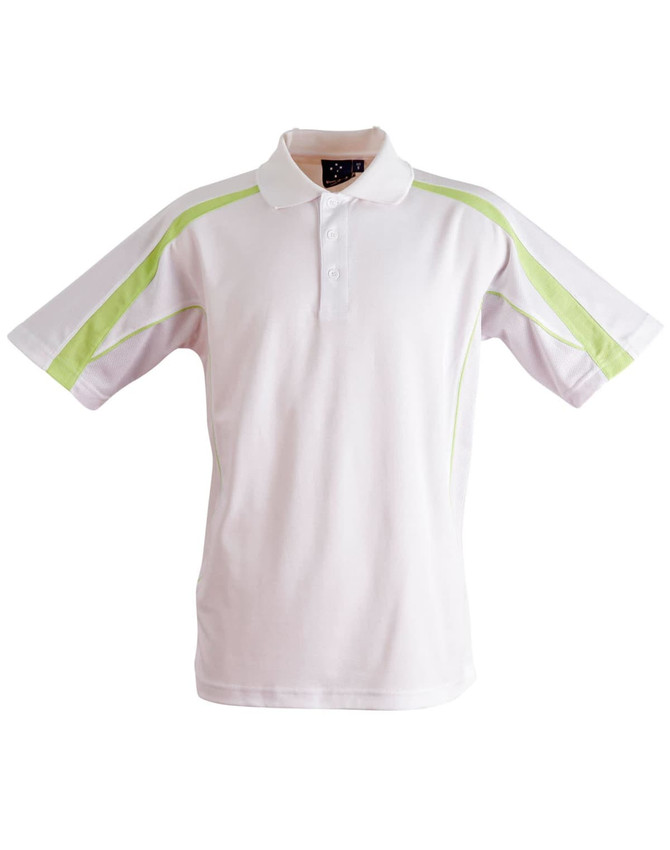 A white polo shirt with light green details and a logo on the chest. Short sleeves and classic collar design.