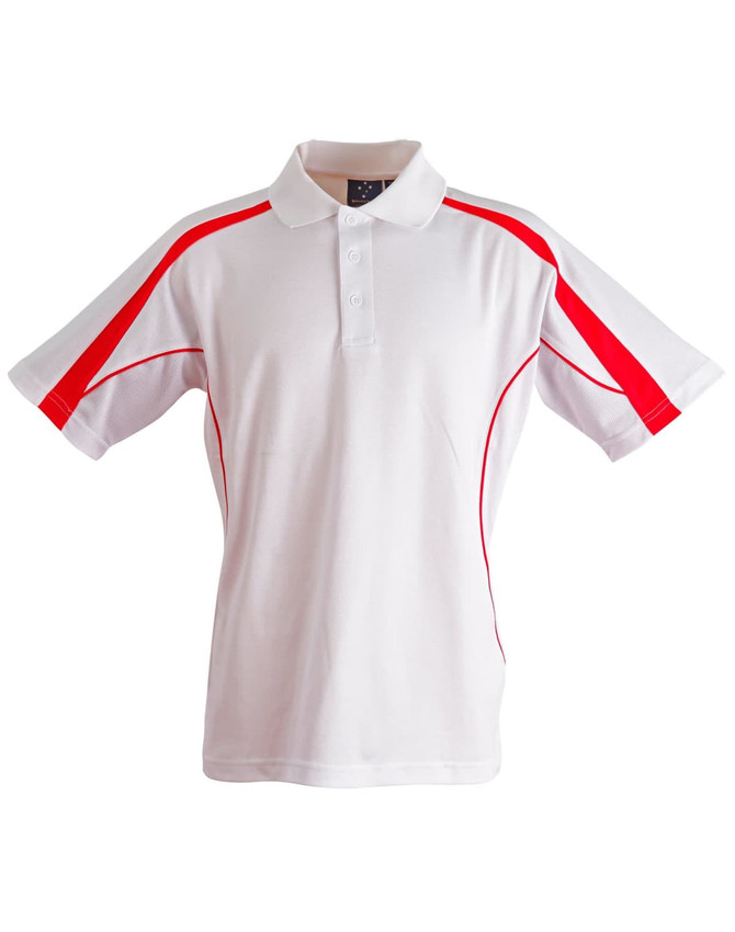 A white polo shirt with red accents and a collar, featuring a logo on the chest.