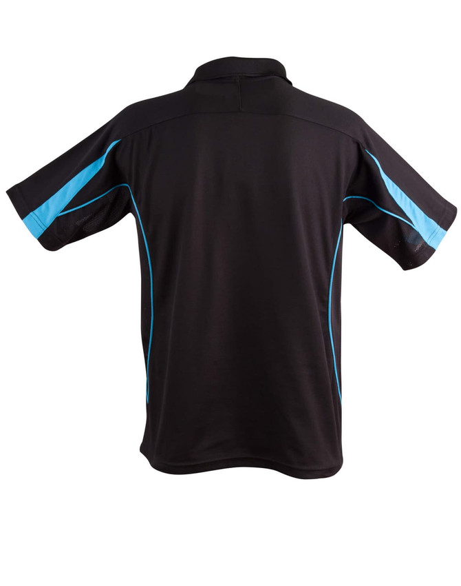 A black polo shirt featuring blue accents and a logo, designed with a short sleeve and mesh detail.