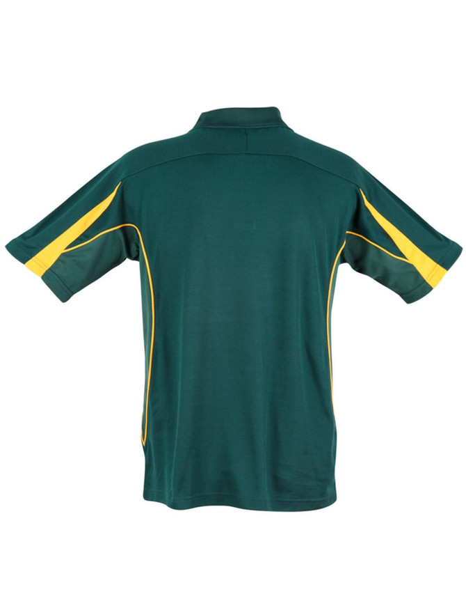 A green polo shirt with yellow detailing and a logo on the back. Short sleeves and a classic collar design.