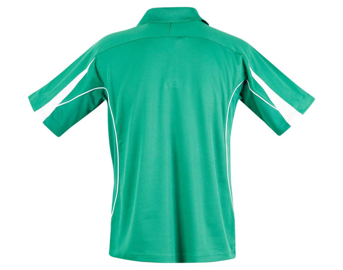 A green men's polo shirt featuring short sleeves and contrasting white piping, with a logo on the back.