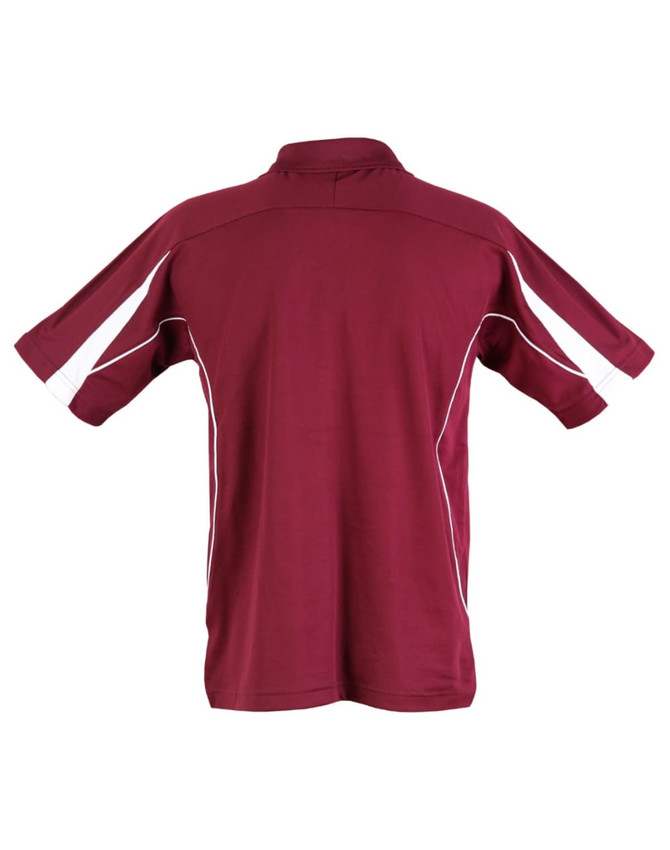 A maroon polo shirt with short sleeves and contrasting white detailing. Features a logo on the back.