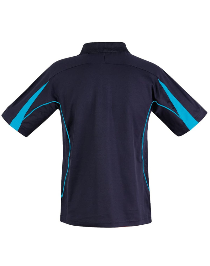 A men's polo shirt featuring a navy blue base with turquoise accents and a collar. Includes a brand logo.