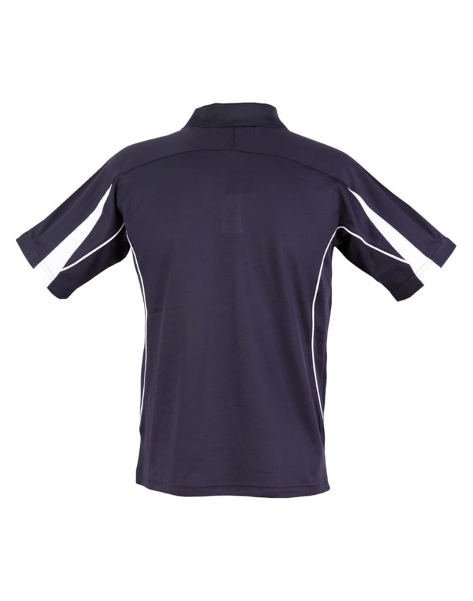 A navy polo shirt featuring a collar and white side accents. Includes a branding logo on the back.