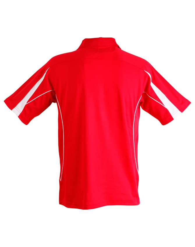 A red polo shirt with white detailing and a logo on the back. Designed for a casual, stylish look.