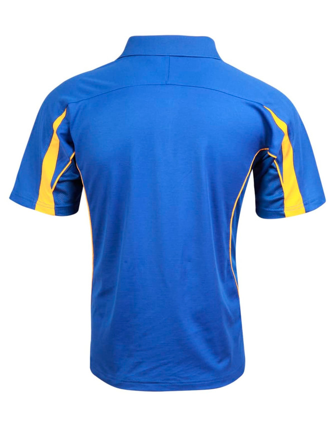 A blue polo shirt with yellow accents and a logo on the back, featuring a classic collar and short sleeves.
