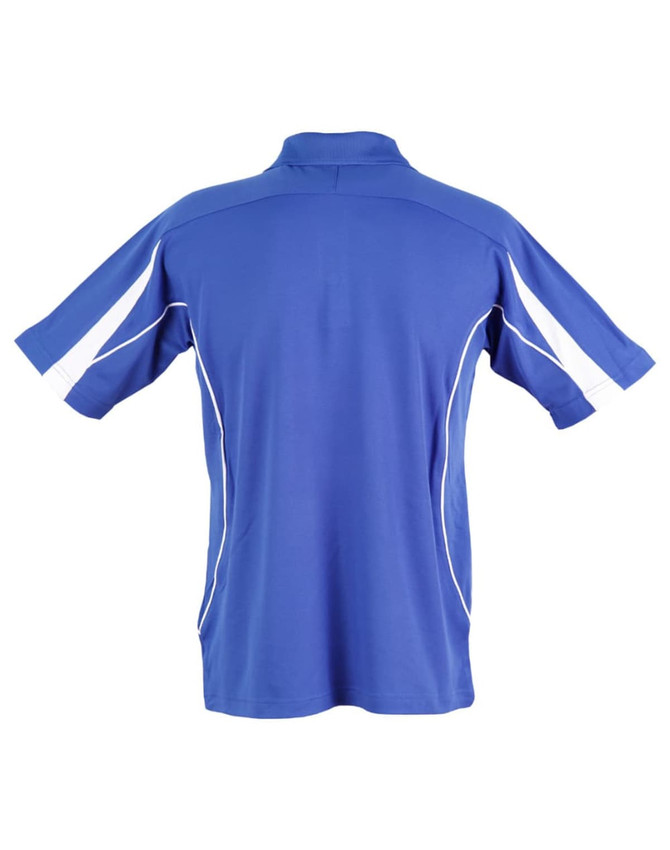 A blue polo shirt featuring white accents and a logo on the back. Short sleeves complete the sporty look.
