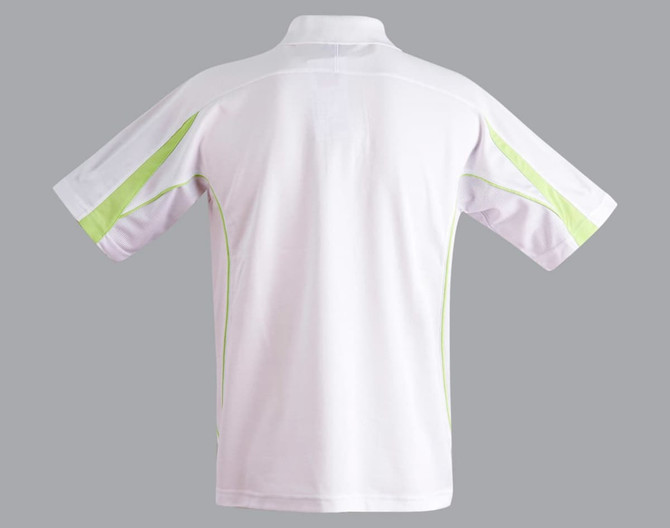 A white polo shirt with lime green accents and a logo, featuring short sleeves and a collar.