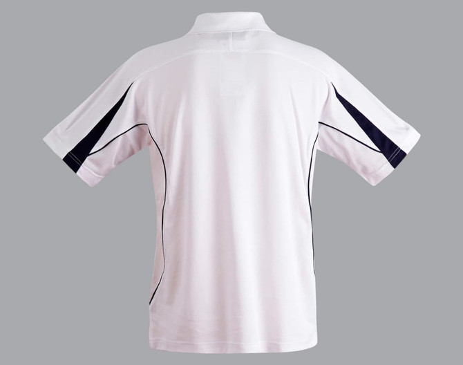 A white short sleeve polo shirt featuring navy detailing and a logo. The back displays a sporty design.