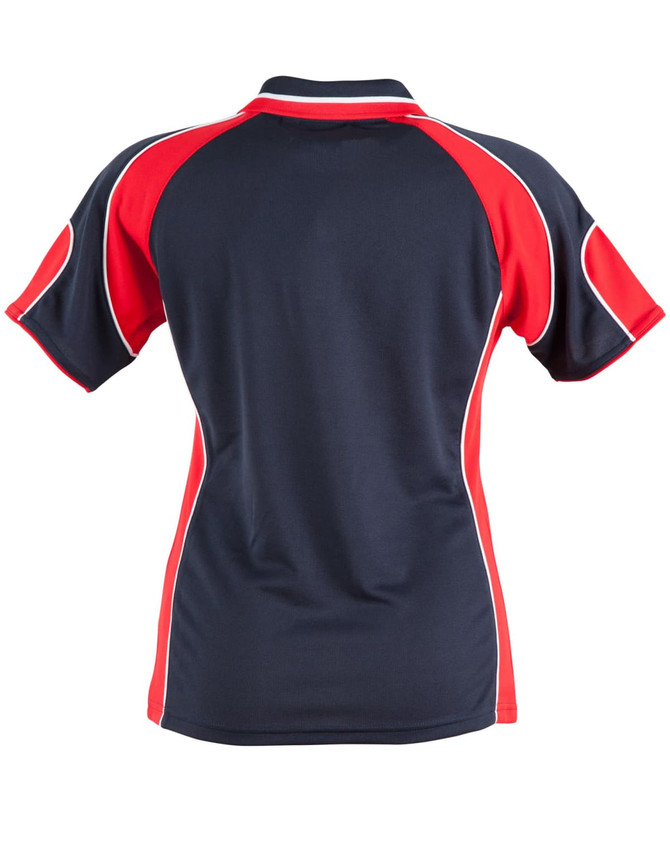 A ladies' polo shirt featuring a navy body with red and white accent panels and a logo.