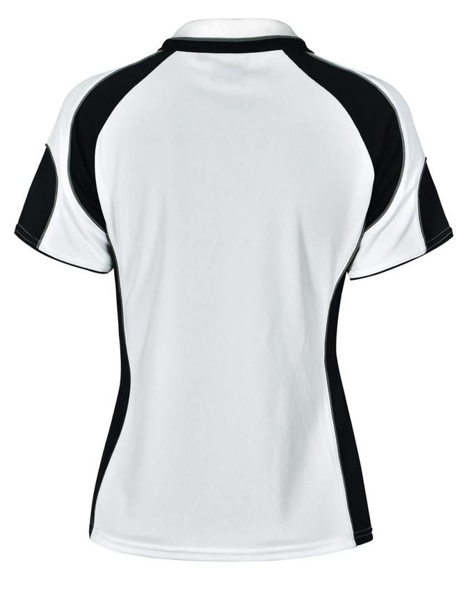 A white ladies' polo shirt with black accents and a logo on the back.