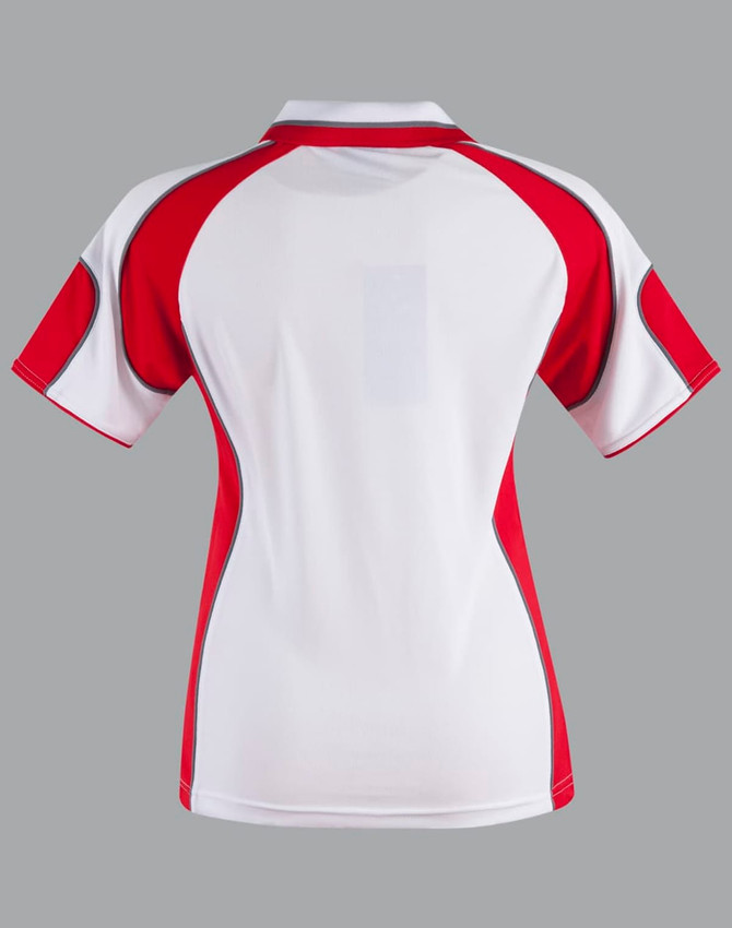 Ladies' polo shirt in white and red, featuring a sporty design with a logo on the back.