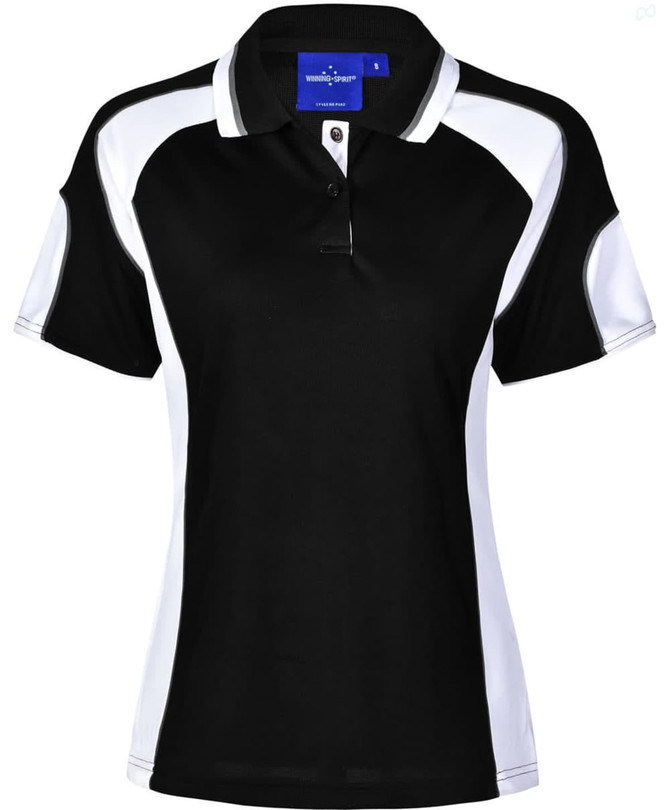 A black and white polo shirt featuring a collar and short sleeves, with a logo on the front.