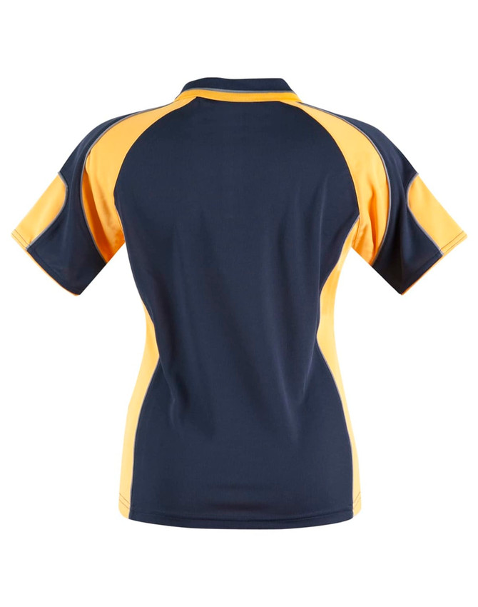A women's polo shirt featuring navy blue and yellow panels, displaying a sporty design and a logo on the back.