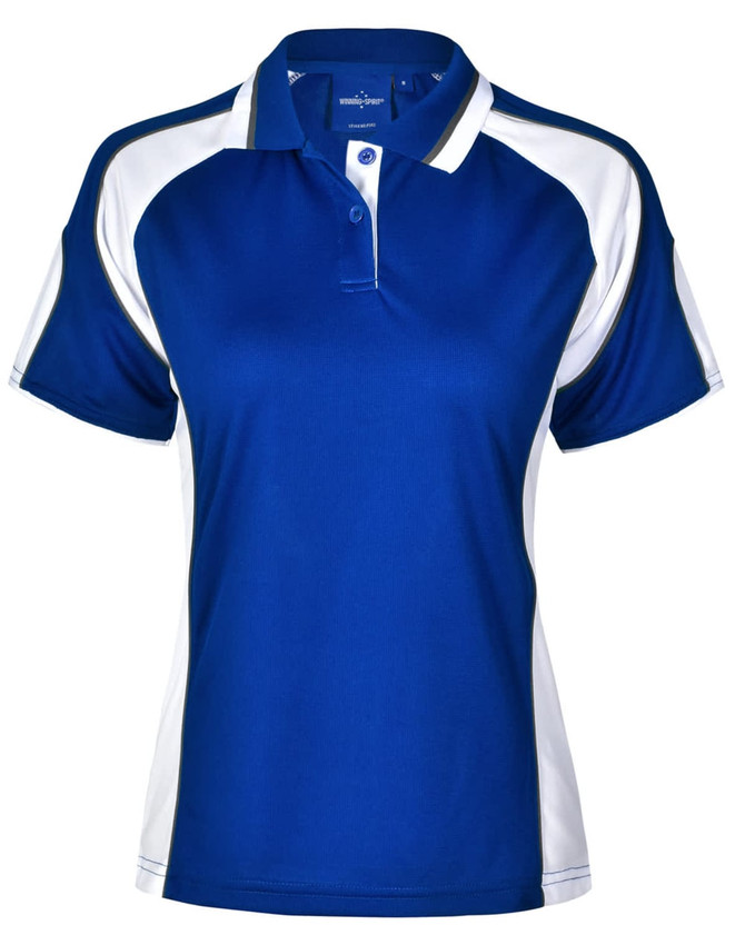 A blue and white ladies' polo shirt with a collar and short sleeves, featuring a logo on the upper part.