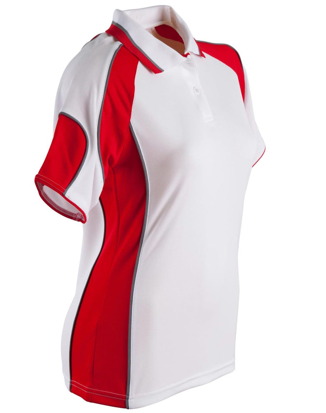 A red and white ladies' polo shirt with short sleeves and a branded logo.