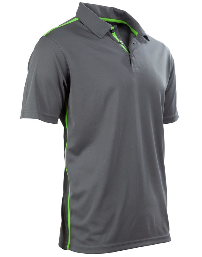 Men's short sleeve polo shirt in grey with contrast green detailing and a logo.