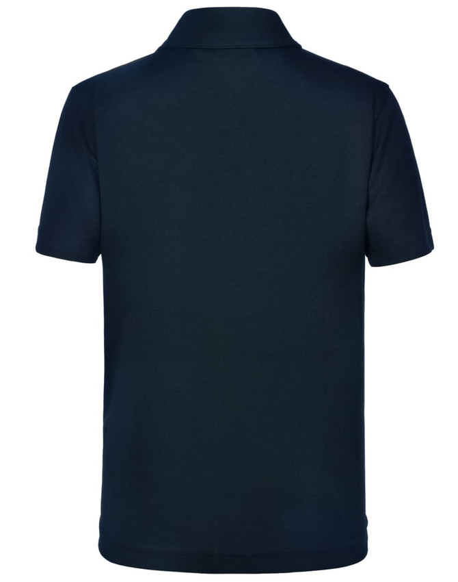 A short sleeve polo shirt in navy blue with a plain design and branding at the collar.